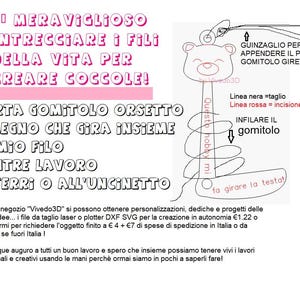 May include: A diagram for a wooden bear-shaped yarn holder. The text includes instructions in Italian, with a drawing of the yarn holder and its parts. The text also includes the phrase "E' MERAVIGLIOSO INTRCCIARE I FILI DELLA VITA PER CREARE COCCOLE!"