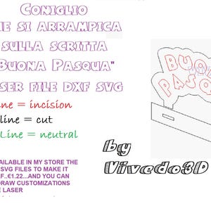 Coniglio che si arrampica sulla scritta "Buona Pasqua", h135mm, laser file dxf svg, di Vivedo3D