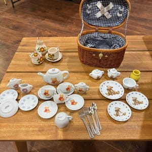 Vintage Porcelain Mini Tea Set Bundle • 25+ Pieces with Wicker Picnic Basket