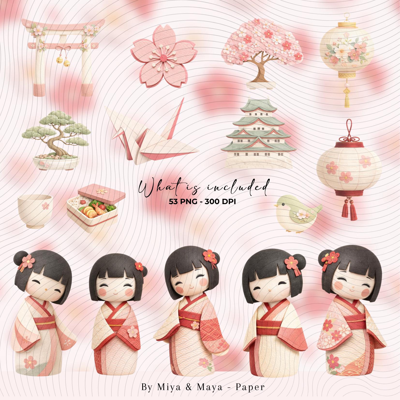 Japanese Kokeshi Doll Clipart Bundle PNG, Sakura Papercut Clip Art ...