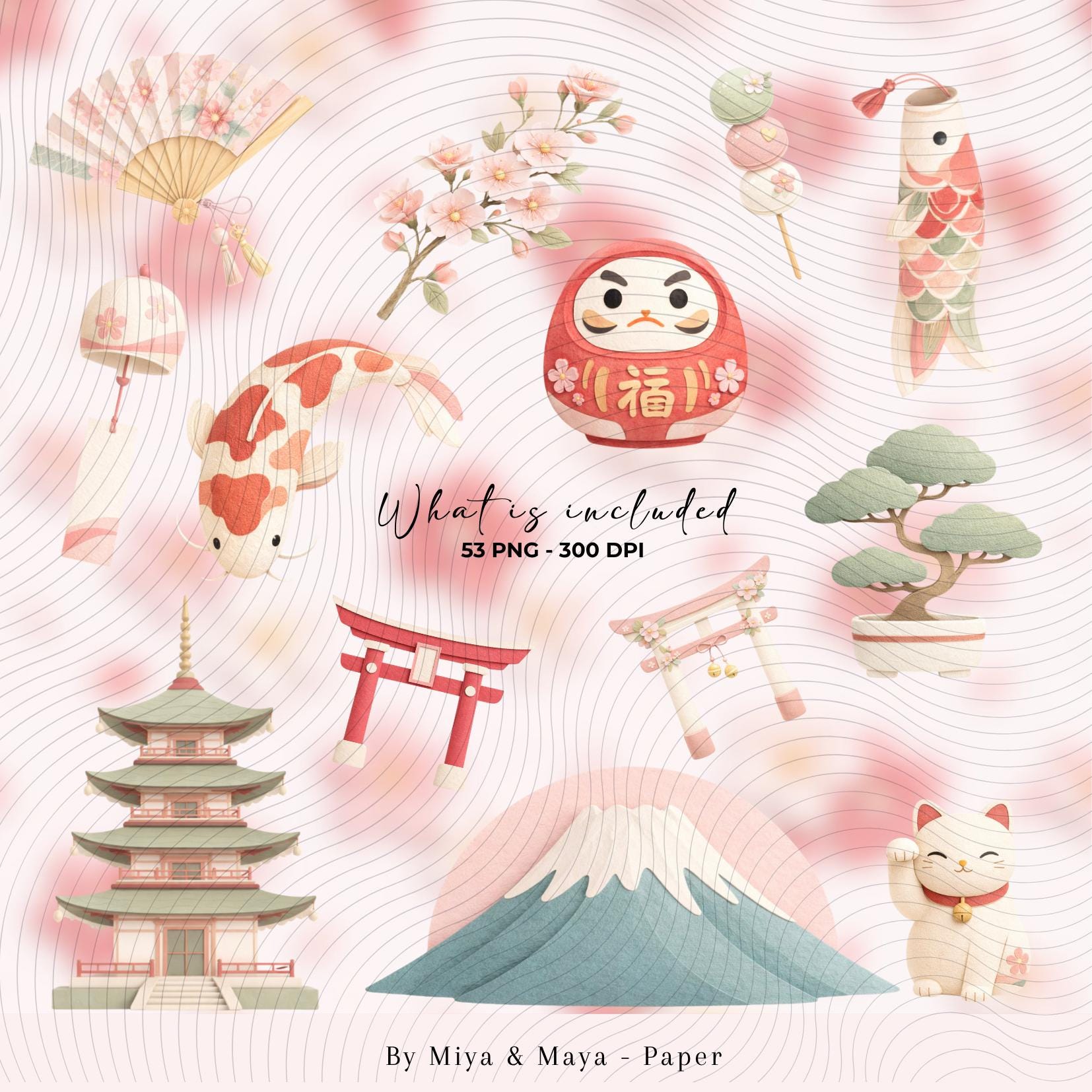 Japanese Kokeshi Doll Clipart Bundle PNG, Sakura Papercut Clip Art ...