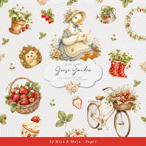 Pode incluir: Uma imagem de clipart digital com um ganso de chapéu segurando uma carta, rodeado por morangos, um ouriço, uma cesta de morangos e uma bicicleta com uma cesta de morangos. O texto "Goose Garden" é exibido. A imagem tem um estilo aquarela.