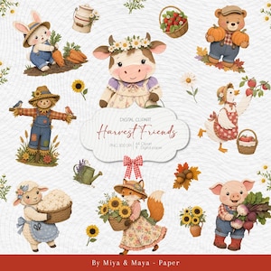 Pode incluir: Uma coleção de clipart digital intitulada Harvest Friends com ilustrações de um coelho, vaca, urso, espantalho, pato, ovelha, raposa e porco. Os personagens vestem roupas rústicas e estão rodeados por elementos de colheita de outono, como abóboras e girassóis.