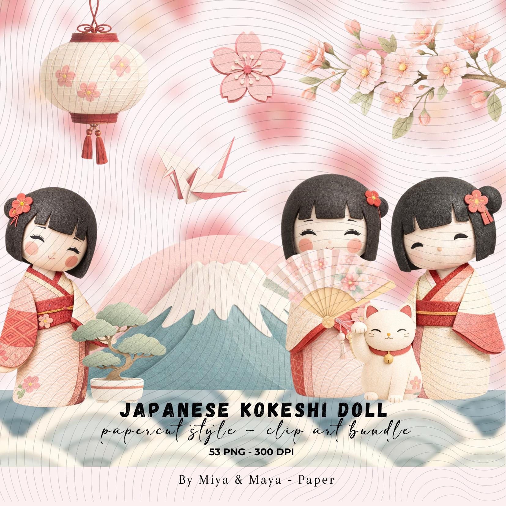 Japanese Kokeshi Doll Clipart Bundle PNG, Sakura Papercut Clip Art ...