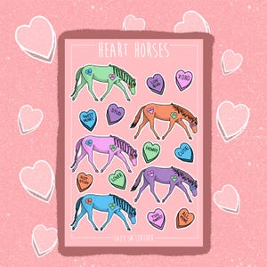 Feuille d'autocollants coeur chevaux