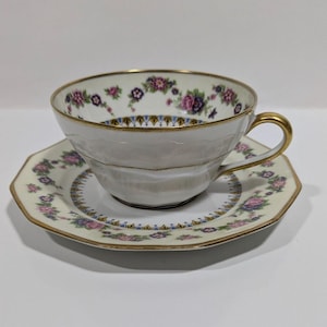 C. Ahrenfeldt Limoges France Cup Saucer Pink & Blue Flowers Gold Trim