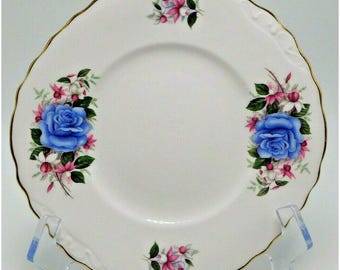 Plato para tarta de porcelana Royal Vale con rosas azules y ribete dorado, 24 cm, Inglaterra