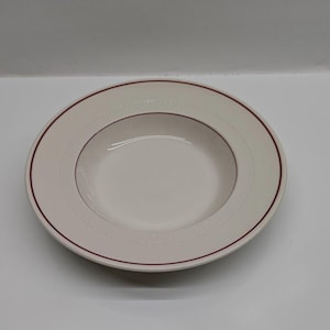 Syracuse China White Ceramic Bowl Burgundy Trim 9.25&quot; USA Vintage Restaurant Ware