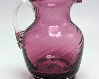 Pilgrim Glass Cranberry Hand Blown Twisted Ribbed Art Glass Pitcher Creamer