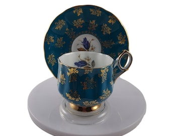 Vintage Elizabethan Teal Green Blue Rose Gold Tea Cup & Saucer England