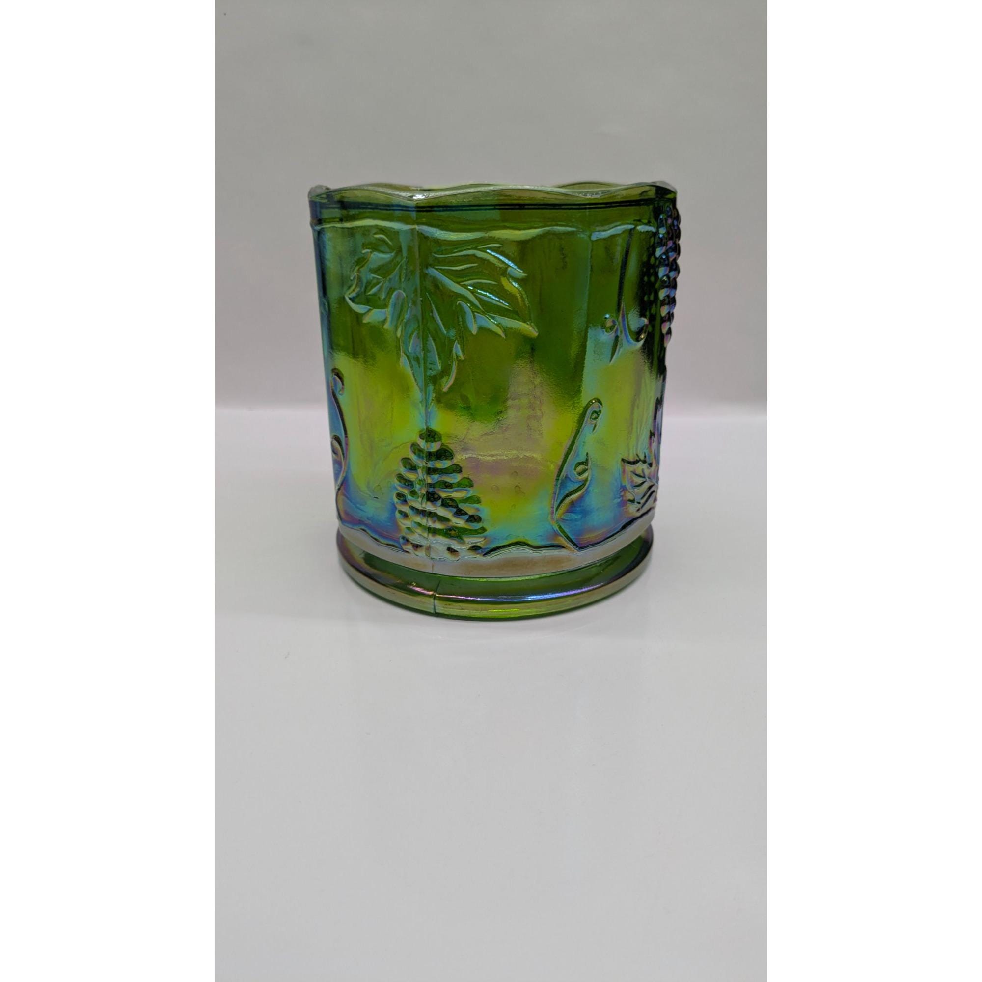 Indiana Glass Iridescent Carnival Grape Harvest Green Candy Jar Decorative 5"