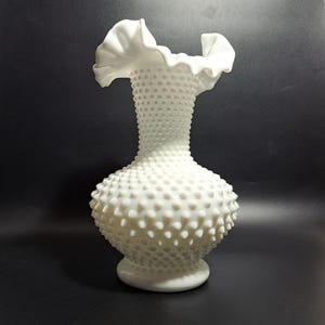 Fenton White Hobnail Milk Glass Vase With Ruffled Edge