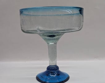 Mexican Hand Blown Glass Margarita Goblet Blue Rim Base Unique Design