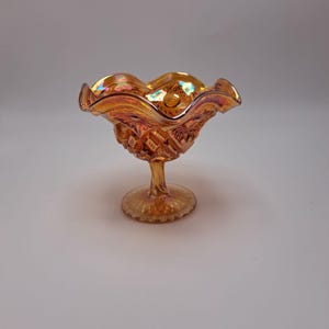 Imperial Glass Co Hobstar Floral Marigold Carnival Glass 4.5&quot; Ruffled Footed Compote Dish
