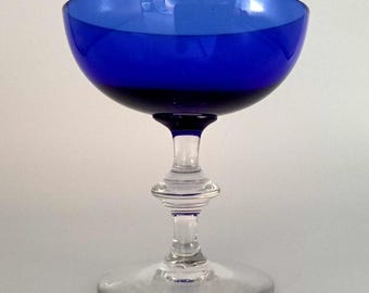Cobalt Blue Champagne Sherbet Glass 4 1/4 "Hoch Klarer Stiel Vintage