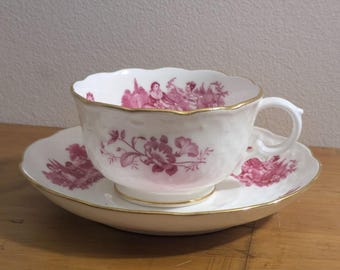 Set da tè Mintons con tazza e piattino rosa in stile pastorale / Rifiniture dorate, prodotto in Inghilterra.