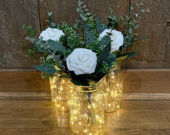 Lighted Mason Jar Table Centerpieces, Wedding Decor, Farmhouse Wedding Table Centerpieces