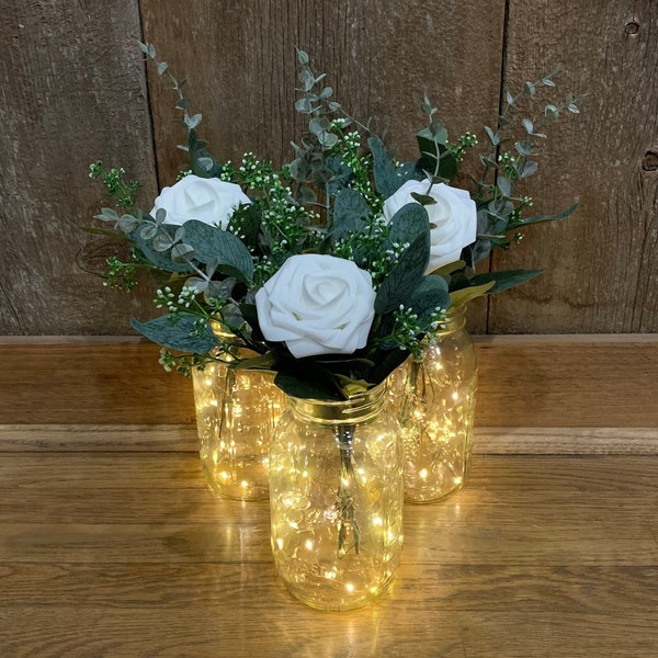 Lighted Mason Jar Table Centerpieces, Wedding Decor, Farmhouse Wedding Table Centerpieces