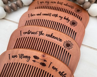 Peine de parto personalizado grabado, herramienta de afirmación de nacimiento de madera natural, regalo de apoyo para doulas