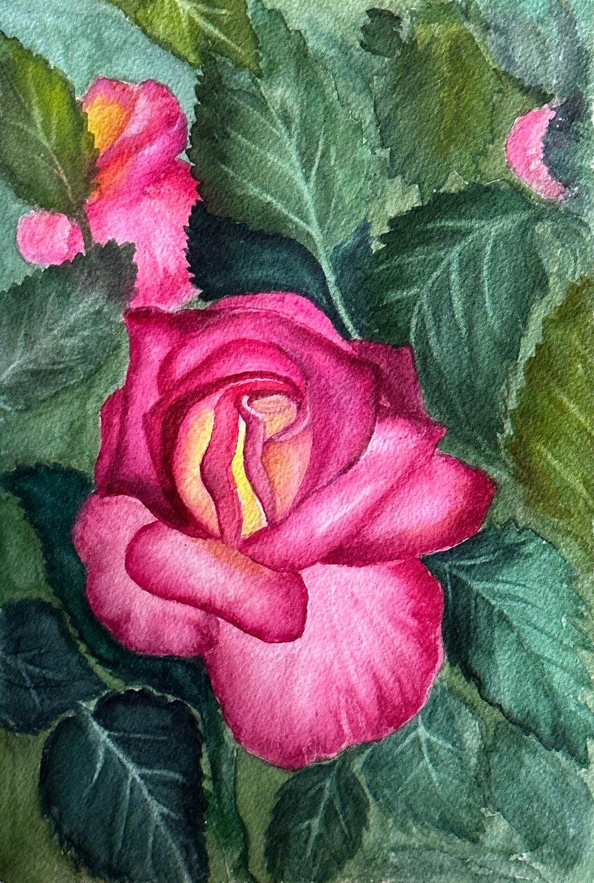 ピンクのバラの水彩画アートプリント | 花柄の壁飾り | 植物のアート