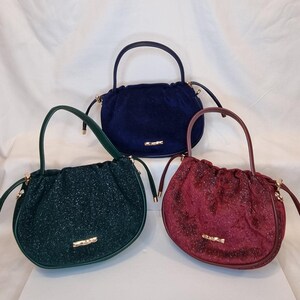 Samt Schimmer Verflochten Glitter Halbmond Verziert Kunstleder Top Griff Abendtasche - Dunkelgrün, Burgund Rot und Marine Blau