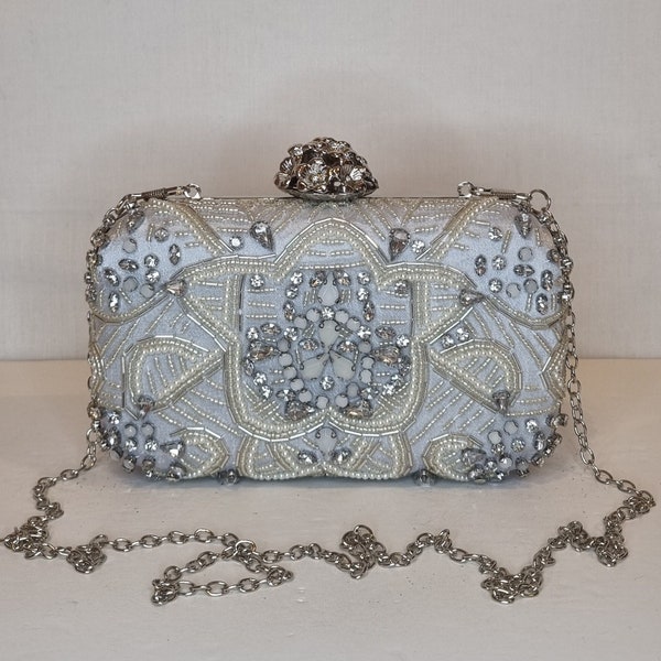 Silver Crystal Diamond Bead Floral Hand Embellished Evening Clutch Bag