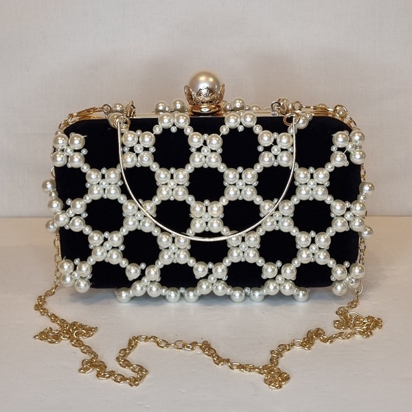 Black Velvet Ivory Pearl Gold Embellished Evening Clutch Bag