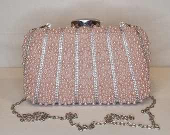 Pink Pearl Crystal Diamond Embellished Evening Clutch Bag