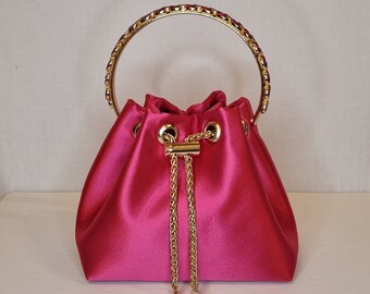 Fuschia Hot Pink Luxury Bon Bon Satin Crystal Diamond Top Handle Tassel Chain Embellished Evening Clutch Bag
