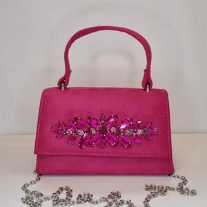 Fuschia Hot Pink Faux Wildleder Kristall Diamant Hand Verschönerte Top Griff Abendtasche