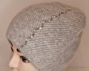 Women's Winter Hats - Light Grey Crystal Bead Knitted Beanie Woolly Winter Hat