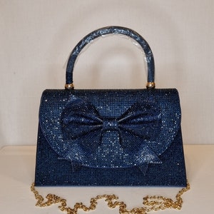 Navy Sapphire Blue Bow Luxury Crystal Diamond Top Handle Embellished Evening Clutch Bag zdjęcie 1