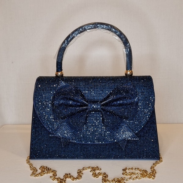 Navy Sapphire Blue Bow Luxury Crystal Diamond Top Handle Embellished Evening Clutch Bag