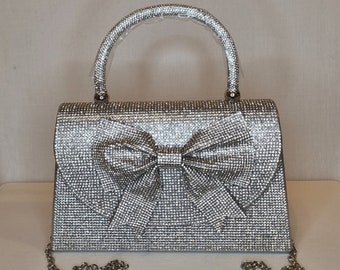 Silver Bow Luxury Crystal Diamond Top Handle Embellished Evening Clutch Bag