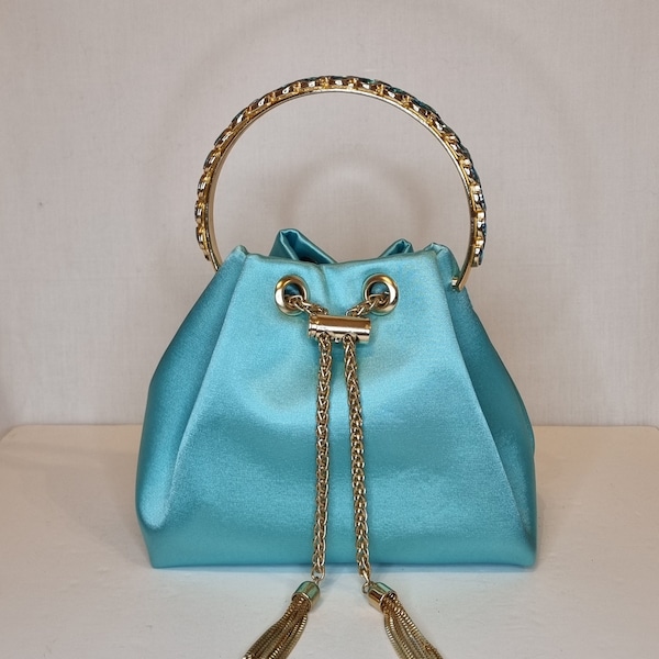 Turquoise Aqua Blue Luxury Bon Bon Satin Crystal Diamond Top Handle Tassel Chain Embellished Evening Clutch Bag