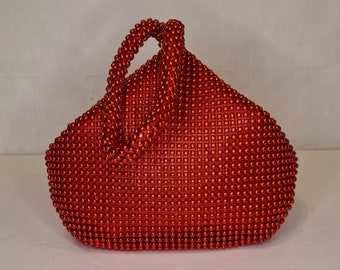 Red Embellished Japanese Knot Mesh Evening Clutch Bag