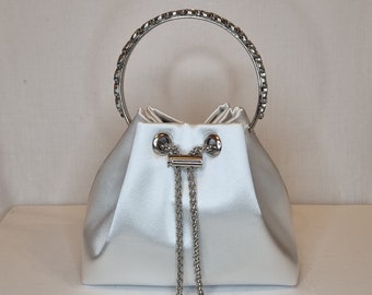 White Ivory Luxury Bon Bon Satin Crystal Diamond Top Handle Tassel Chain Embellished Evening Clutch Bag