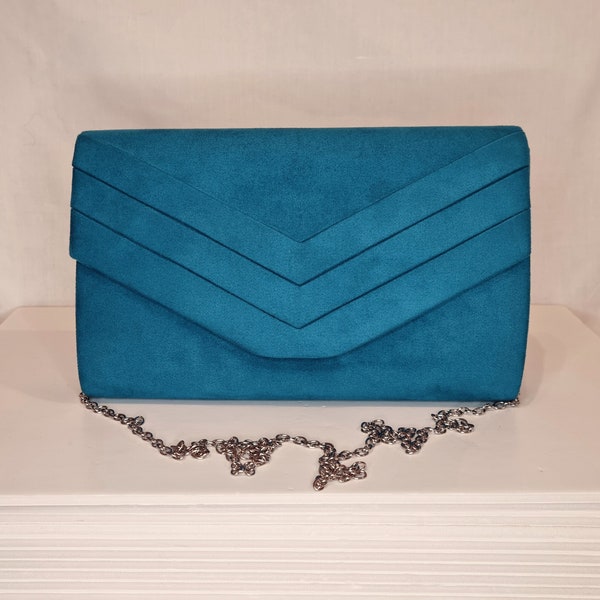 Teal Faux Suede Embellished Evening Clutch Bag