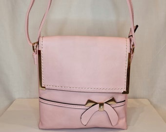 Pink Faux Leather Luxury Crystal Diamond Embellished Bow Design Multi Compartment Everyday Crossbody Bag