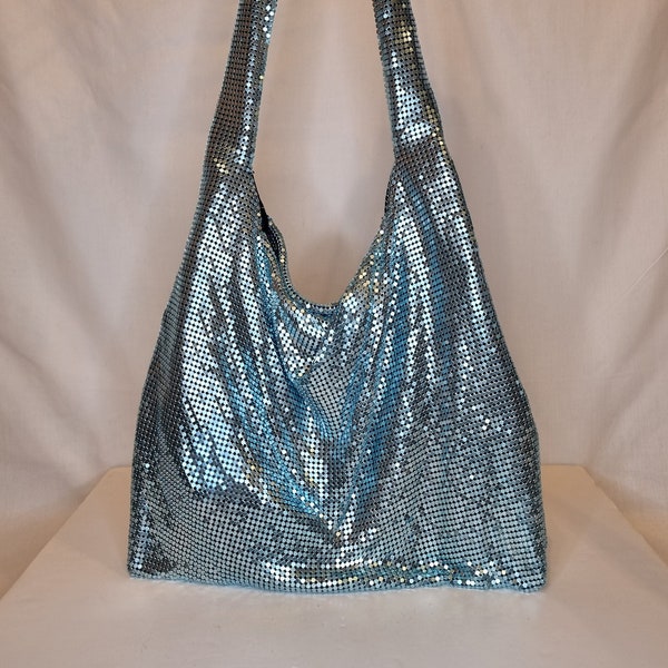 Aqua Blue Turquoise Shiny Chainmail Mesh Embellished Evening Clutch Bag