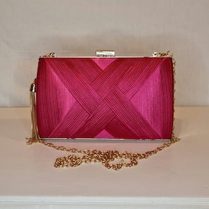 Fuschia Hot Pink Ruched Satin Tassel Embellished Evening Clutch Bag