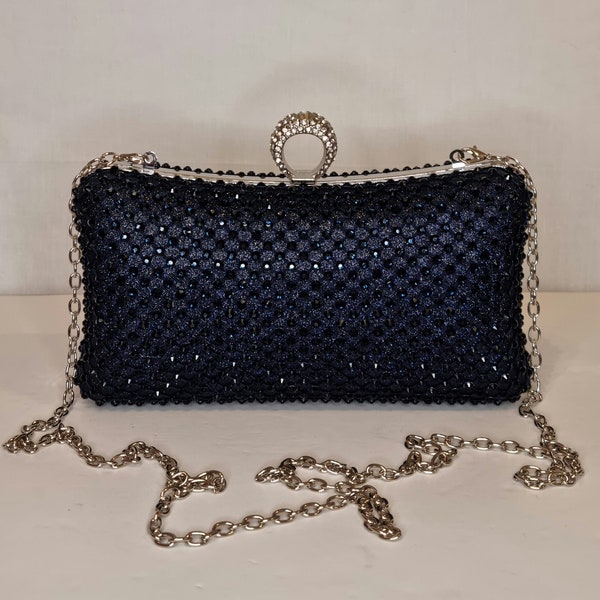 Sapphire Navy Midnight Blue Crystal Diamond Embellished Evening Clutch Bag