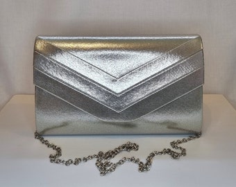 Silver Metallic Satin Embellished Envelope Evening Clutch Bag