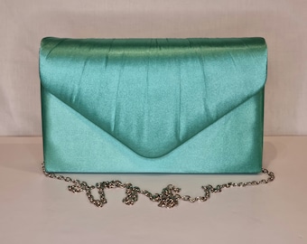 Mint Green Turquoise Satin Embellished Evening Clutch Bag