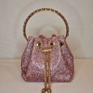 Blush Pink Luxury Bon Bon Crystal Diamond Top Handle Tassel Chain Embellished Evening Clutch Bag