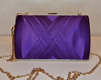 Purple Ruched Satin Tassel Embellished Evening Clutch Bag