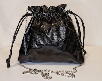 Black Patent Faux Soft Leather Embellished Evening Bag