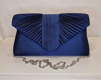 Navy Blue Ruched Satin Embellished Evening Clutch Bag