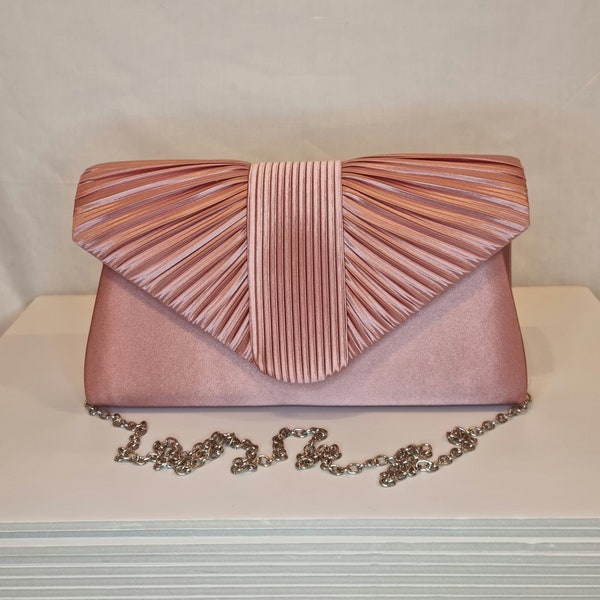 Blush Pink Ruched Satin Embellished Evening Clutch Bag