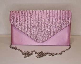 Baby Pink Blush Satin Crystal Embellished Evening Clutch Bag